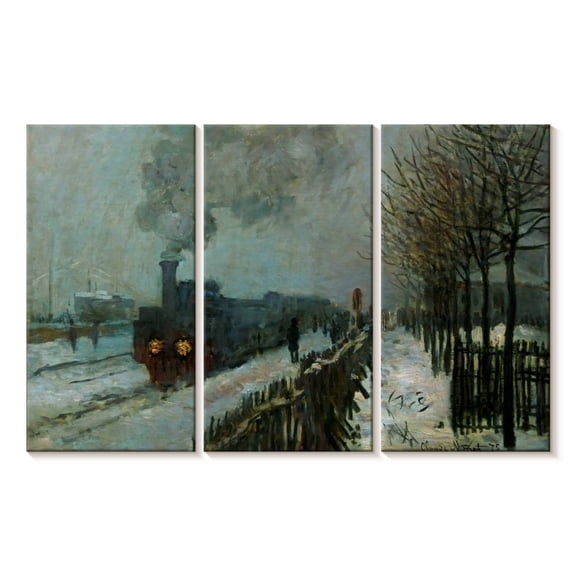 Elephant Stock Train In The Snow 1875 Wall Art - Horizontal Multi Panel Canvas - Living Room Wall Decor - Transportation Multi Panel - Blue And Gray Decor By Claude Monet - 33" x 20"
