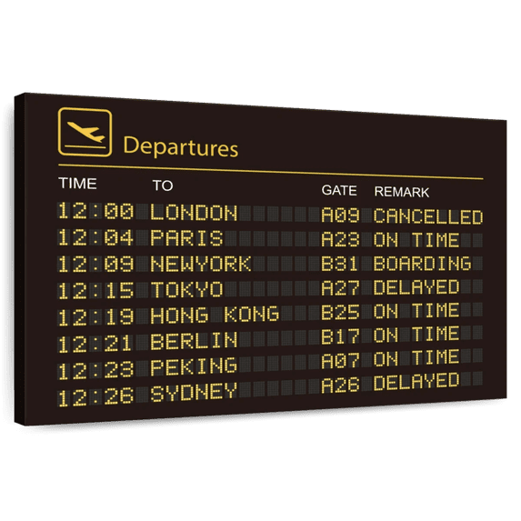 Elephant Stock Travel Departures Board Wall Art - Horizontal Canvas Wall Art - Living Room Wall Decor - Hobbies And Lifestyle Canvas - Brown And Yellow Decor - 12" x 8"