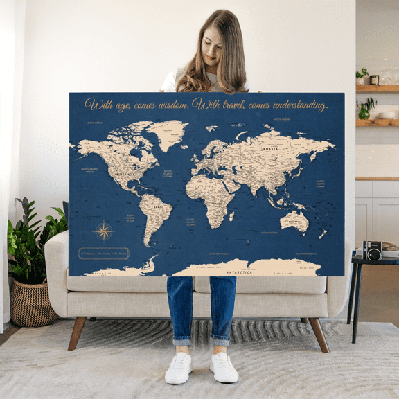Elephant Stock Travel Wisdom Ii Push Pin World Map Wall Art - Map Canvas Art - 24" x 16"