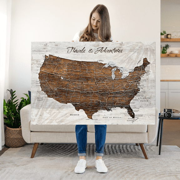 Elephant Stock Travels And Adventures I Push Pin Usa Map Wall Art - Map Canvas Art - 12" x 8"