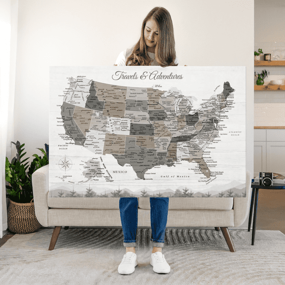 Elephant Stock Travels And Adventures Ii Push Pin Usa Map Wall Art - Map Canvas Canvas - 30" x 20"