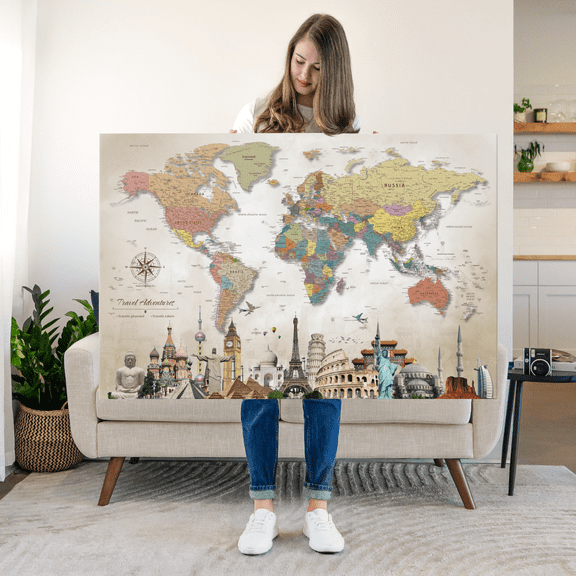 Elephant Stock Travels And Adventures World Push Pin Map Ii Wall Art - Map Canvas Art - 48" x 32"