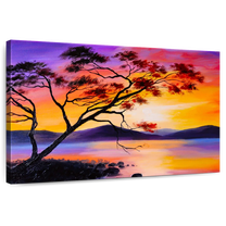 Elephant Stock Tree In Sunset Wall Art - Horizontal Canvas Wall Art - Living Room Wall Decor - Beach Canvas - Orange And Pink Decor - 12" x 8"