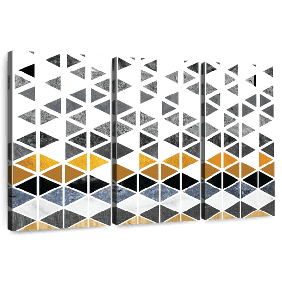 Elephant Stock Triangle Geometric Patterns Wall Art - Horizontal Multi Panel Canvas - Living Room Wall Decor - Abstract Multi Panel - White And Gray Decor - 33" x 20"