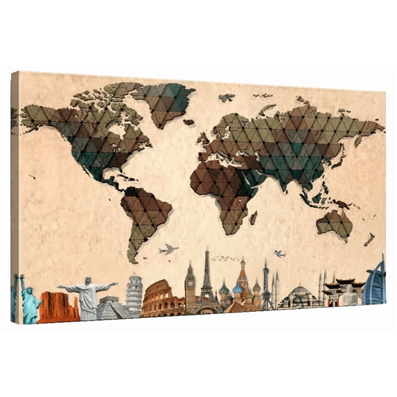 Elephant Stock Triangle Geometric World Map Wall Art - Horizontal Canvas Wall Art - Living Room Wall Decor - Map Canvas - Brown And Gray Decor - 51" x 34"