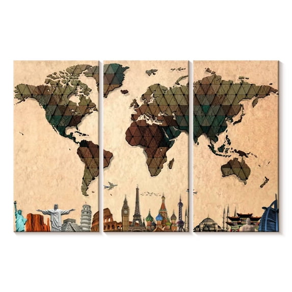 Elephant Stock Triangle Geometric World Map Wall Art - Horizontal Multi Panel Canvas - Living Room Wall Decor - Map Multi Panel - Brown And Gray Decor - 65" x 42"
