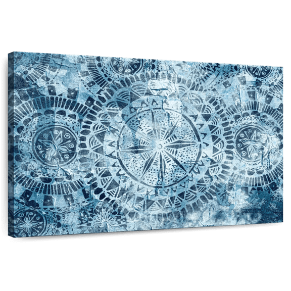 Elephant Stock Tribal Blue Mandalas Wall Art - Horizontal Canvas Wall Art - Bedroom Wall Decor - Decor Elements Canvas - Blue And Decor - 51" x 34"