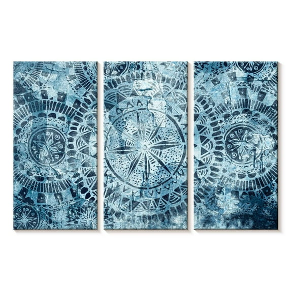 Elephant Stock Tribal Blue Mandalas Wall Art - Horizontal Multi Panel Canvas - Living Room Wall Decor - Decor Elements Multi Panel - Blue And Decor - 23" x 14"