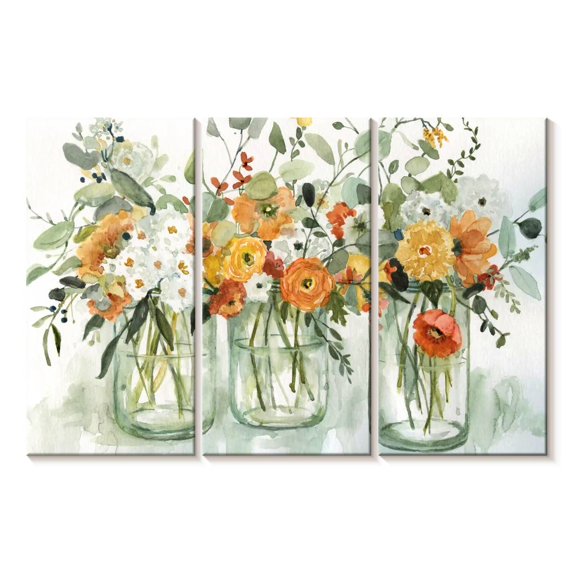 Elephant Stock Trois Beauties Wall Art - Horizontal Multi Panel Canvas - Living Room Wall Decor - Floral And Botanical Multi Panel - Gray And Orange Decor By Carol Robinson - 38" x 24"