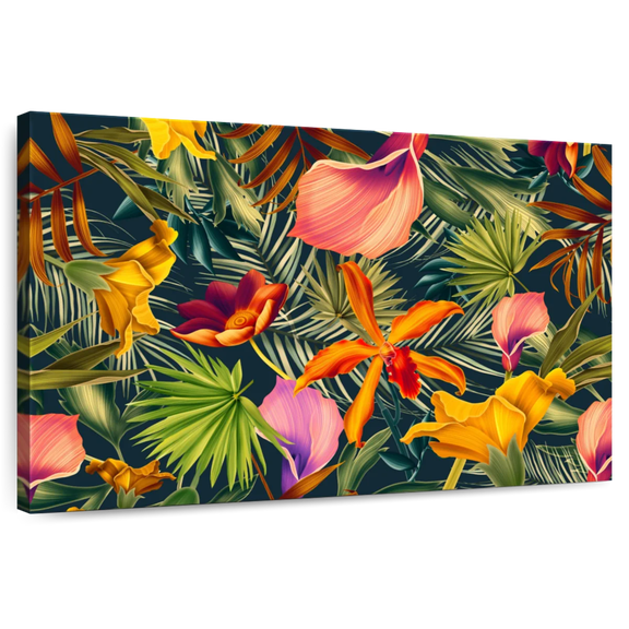 Elephant Stock Tropical Floral Wall Art - Horizontal Canvas Wall Art - Living Room Wall Decor - Floral And Botanical Canvas - Brown And Orange Decor - 36" x 24"