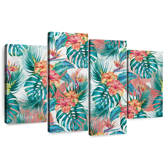 Elephant Stock Tropical Foliage And Flowers Wall Art - Horizontal Multi Panel Canvas - Living Room Wall Decor - Decor Elements Multi Panel - Teal And Orange Decor - 68" x 42"