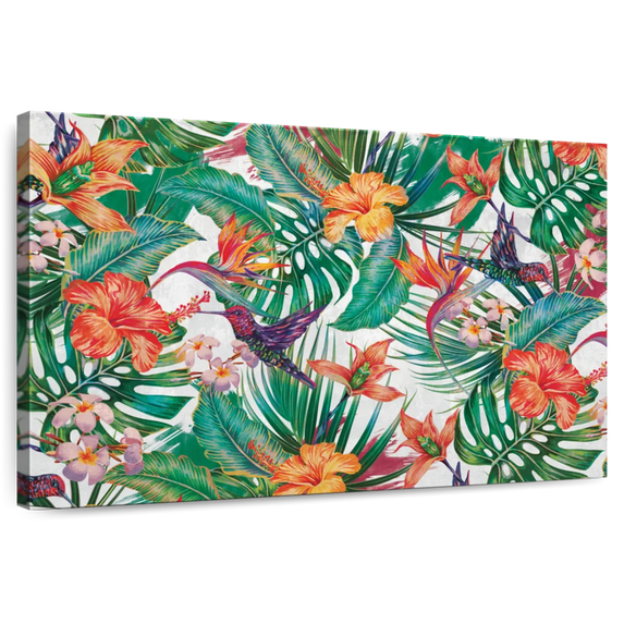 Elephant Stock Tropical Hummingbirds And Flowers Wall Art - Horizontal Canvas Wall Art - Lobby Wall Decor - Decor Elements Canvas - Green And Orange Decor - 48" x 32"