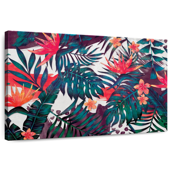 Elephant Stock Tropical Palms And Flowers Wall Art - Horizontal Canvas Wall Art - Living Room Wall Decor - Floral And Botanical Canvas - Green And Teal Decor - 12" x 8"