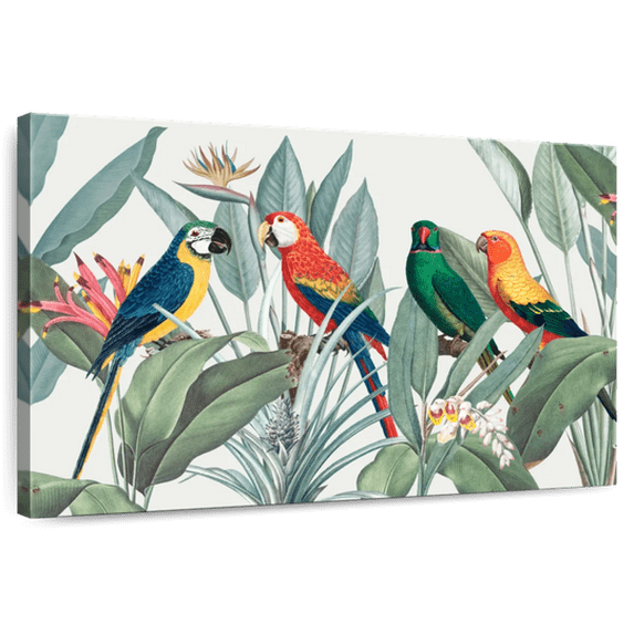 Elephant Stock Tropical Safari Parrots Wall Art - Horizontal Canvas Wall Art - Lobby Wall Decor - Animal Canvas - Green And Blue Decor - 12" x 8"