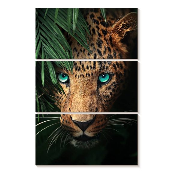 Elephant Stock Turquoise Eyed Leopard Wall Art - Vertical Multi Panel Canvas - Lobby Wall Decor - Animal Multi Panel - Brown And Green Decor - 20" x 32"