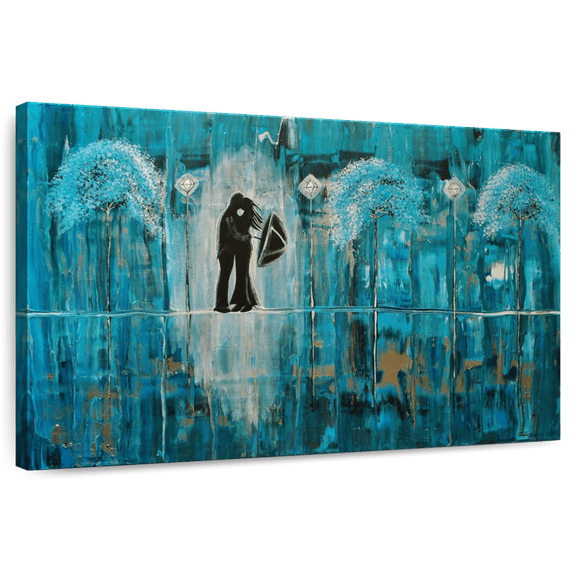 Elephant Stock Turquoise Rain Romance Wall Art - Horizontal Canvas Wall Art - Living Room Wall Decor - Love Canvas - Teal And Blue Decor By Amber Lamoreaux - 51" x 34"