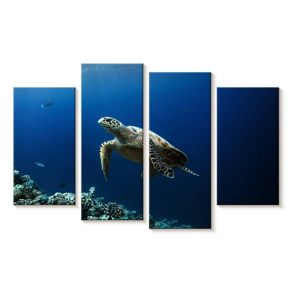 Elephant Stock Turtle Adventure Wall Art - Horizontal Multi Panel Canvas - Living Room Wall Decor - Animal Multi Panel - Blue And Turquoise Decor - 24" x 14"