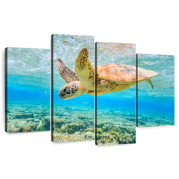 Elephant Stock Turtle Dive Wall Art - Horizontal Multi Panel Canvas - Living Room Wall Decor - Animal Multi Panel - Yellow And Green Decor - 84" x 54"