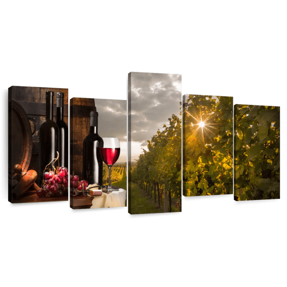 Elephant Stock Tuscan Red Wine Wall Art - Horizontal Multi Panel Canvas - Dining Room Wall Decor - Food And Drink Multi Panel - Green And Red Decor - 74" x 37"