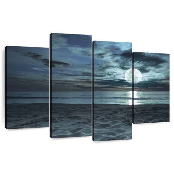 Elephant Stock Twilight Beach Wall Art - Horizontal Multi Panel Canvas - Living Room Wall Decor - Beach Multi Panel - Gray And Blue Decor - 43" x 27"