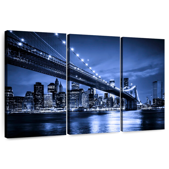 Elephant Stock Twinkling Brooklyn Bridge Wall Art - Horizontal Multi Panel Canvas - Living Room Wall Decor - Architecture Multi Panel - Blue And Black Decor - 50" x 32"