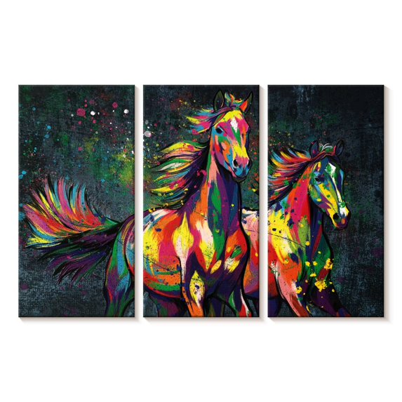 Elephant Stock Two Horses Color Splash Paint Wall Art - Horizontal Multi Panel Canvas - Living Room Wall Decor - Animal Multi Panel - Gold And Beige Decor - 23" x 14"