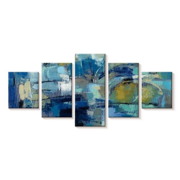 Elephant Stock Ultramarine Waves Iii Wall Art - Horizontal Multi Panel Canvas - Living Room Wall Decor - Abstract Multi Panel - Blue And Yellow Decor By Silvia Vassileva - 29" x 12"