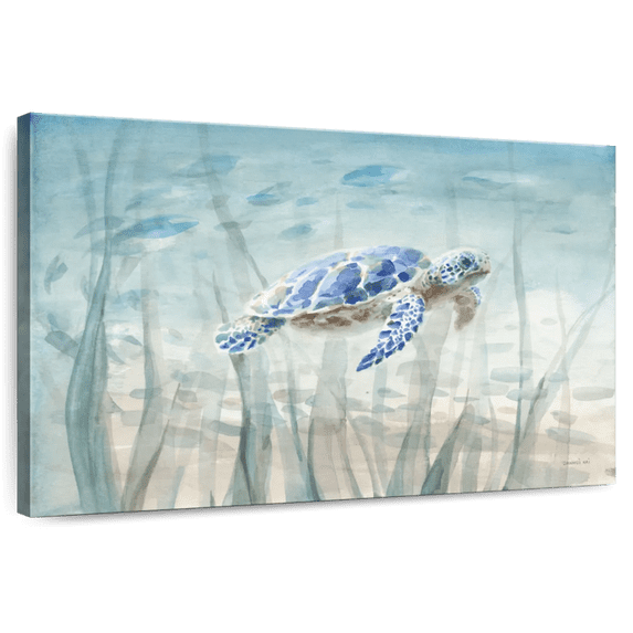Elephant Stock Undersea Turtle Wall Art - Horizontal Canvas Wall Art - Living Room Wall Decor - Animal Canvas - Blue And Beige Decor By Danhui Nai - 12" x 8"