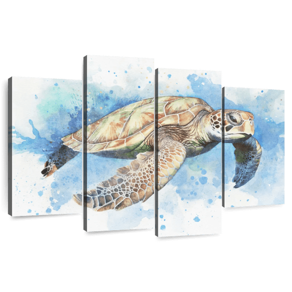 Elephant Stock Underwater Beige Turtle Wall Art - Horizontal Multi Panel Canvas - Living Room Wall Decor - Animal Multi Panel - White And Yellow Decor - 75" x 48"