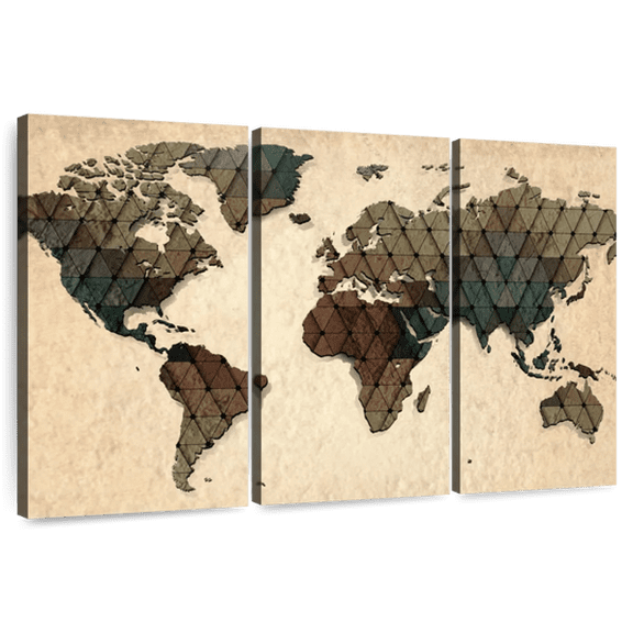 Elephant Stock Unique World Map Wall Art - Horizontal Multi Panel Canvas - Living Room Wall Decor - Map Multi Panel - Brown And Green Decor - 74" x 48"