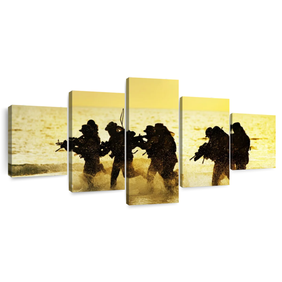 Elephant Stock Us Marine Corps In Action Wall Art - Horizontal Multi Panel Canvas - Living Room Wall Decor - Military Multi Panel - Yellow And Black Decor - 74" x 34"