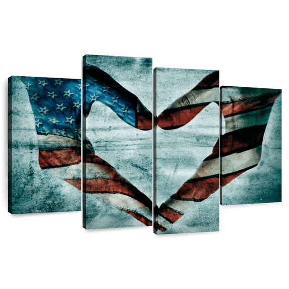 Elephant Stock Usa Heart Hands Wall Art - Horizontal Multi Panel Canvas - Living Room Wall Decor - Flags Multi Panel - Black And Blue Decor - 68" x 42"