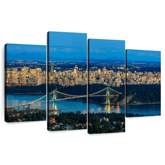 Elephant Stock Vancouver Night Lights Wall Art - Horizontal Multi Panel Canvas - Living Room Wall Decor - Places Multi Panel - Blue And Yellow Decor - 36" x 22"
