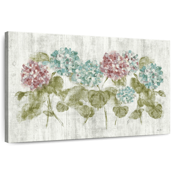 Elephant Stock Vibrant Row Of Hydrangea On Wood Wall Art - Horizontal Canvas Wall Art - Lobby Wall Decor - Floral And Botanical Canvas - Gray And Green Decor By Cheri Blum - 30" x 20"