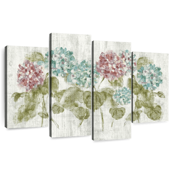 Elephant Stock Vibrant Row Of Hydrangea On Wood Wall Art - Horizontal Multi Panel Canvas - Bedroom Wall Decor - Floral And Botanical Multi Panel - Gray And Green Decor By Cheri Blum - 52" x 32"