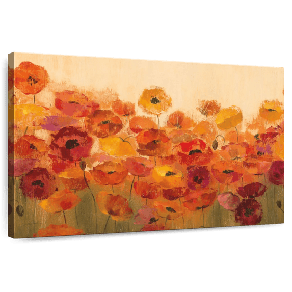 Elephant Stock Vibrant Summer Poppies Wall Art - Horizontal Canvas Wall Art - Living Room Wall Decor - Floral And Botanical Canvas - Orange And Green Decor By Silvia Vassileva - 12" x 8"