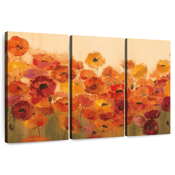 Elephant Stock Vibrant Summer Poppies Wall Art - Horizontal Multi Panel Canvas - Living Room Wall Decor - Floral And Botanical Multi Panel - Orange And Green Decor By Silvia Vassileva - 65" x 42"