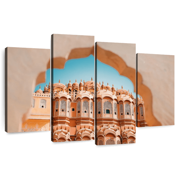 Elephant Stock View Of Hawa Mahal Wall Art - Horizontal Multi Panel Canvas - Living Room Wall Decor - Places Multi Panel - Orange And Blue Decor - 68" x 42"