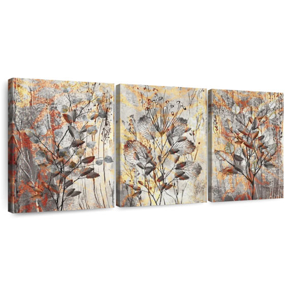 Elephant Stock Vintage Abstract Wall Art - Horizontal Multi Panel Canvas - Living Room Wall Decor - Floral And Botanical Multi Panel - Beige And Gray Decor - 56" x 27"