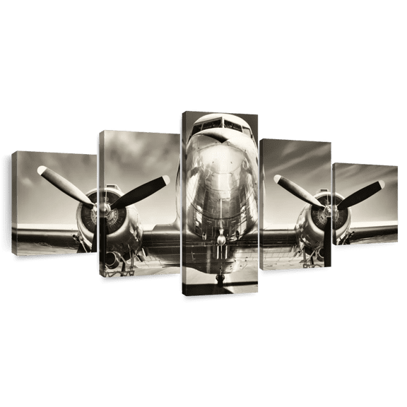 Elephant Stock Vintage Airplane Wall Art - Horizontal Multi Panel Canvas - Living Room Wall Decor - Transportation Multi Panel - Brown And Gray Decor - 92" x 42"