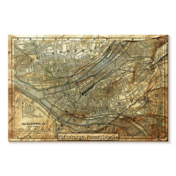 Elephant Stock Vintage Pittsburgh City Map Wall Art - Horizontal Canvas Wall Art - Living Room Wall Decor - Map Canvas - Beige And Brown Decor - 24" x 16"
