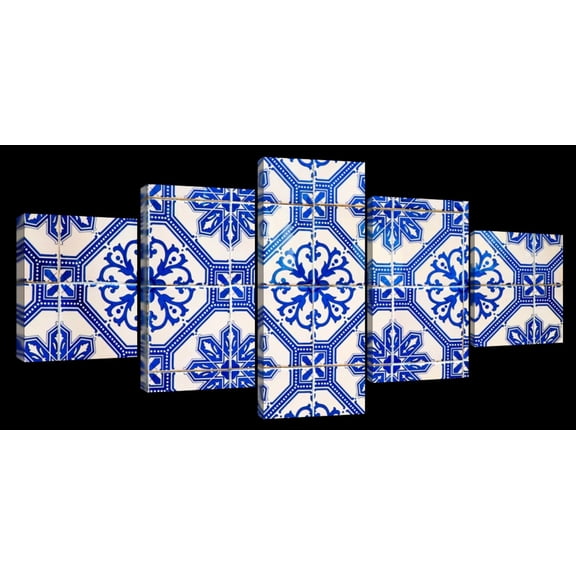 Elephant Stock Vintage Portuguese Tiles Wall Art - Horizontal Multi Panel Canvas - Dining Room Wall Decor - Architecture Multi Panel - Blue And White Decor - 55" x 24"