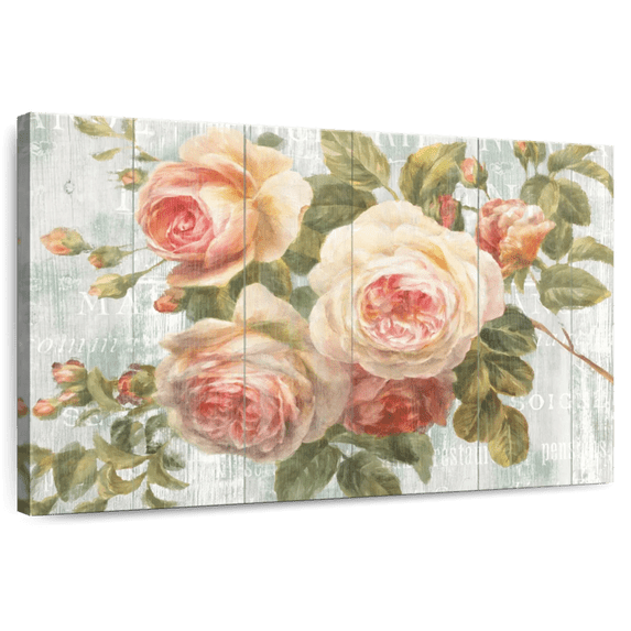 Elephant Stock Vintage Roses On Driftwood Wall Art - Horizontal Canvas Wall Art - Living Room Wall Decor - Floral And Botanical Canvas - Green And Gray Decor By Danhui Nai - 12" x 8"