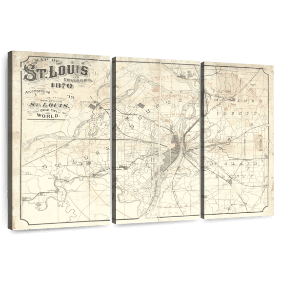 Elephant Stock Vintage St Louis Map Ii Wall Art - Horizontal Multi Panel Canvas - Living Room Wall Decor - Map Multi Panel - Beige And Gray Decor By Wild Apple Portfolio - 74" x 48"