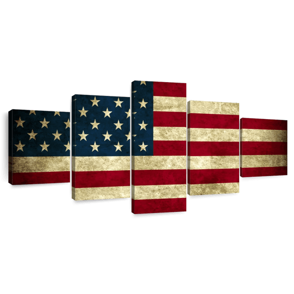 Elephant Stock Vintage Usa Flag Wall Art - Horizontal Multi Panel Canvas - Living Room Wall Decor - Flags Multi Panel - Red And Brown Decor - 80" x 36"