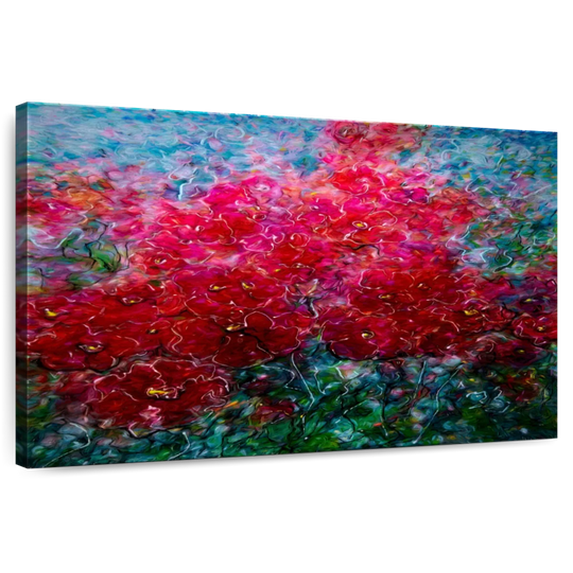Elephant Stock Vivid Blooming Happiness Wall Art - Horizontal Canvas Wall Art - Bedroom Wall Decor - Abstract Canvas - Red And Teal Decor By Olena - 48" x 32"