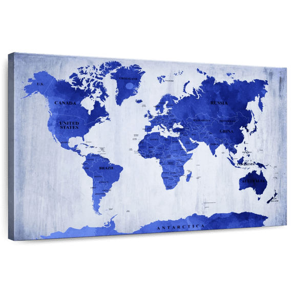 Elephant Stock Vivid Blue World Map Wall Art - Horizontal Canvas Wall Art - Living Room Wall Decor - Map Canvas - Blue And White Decor - 24" x 16"