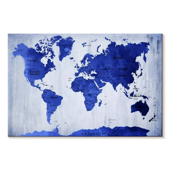 Elephant Stock Vivid Blue World Map Wall Art - Horizontal Canvas Wall Art - Living Room Wall Decor - Map Canvas - Blue And White Decor - 24" x 16"