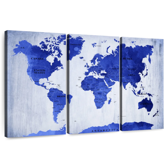Elephant Stock Vivid Blue World Map Wall Art - Horizontal Multi Panel Canvas - Living Room Wall Decor - Map Multi Panel - Blue And White Decor - 33" x 20"