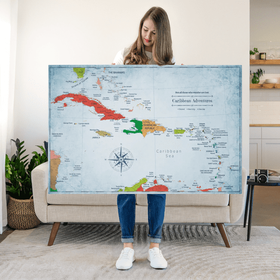 Elephant Stock Wanderer I Push Pin Caribbean Map Wall Art - Map Canvas Art - 51" x 34"